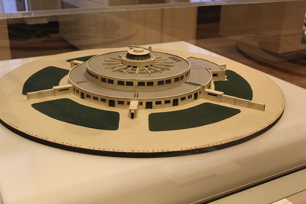 Architect's model of Gatwick Airport Terminal, the Beehive, designed by Hoar, Marlow & Lovett, model dated 1936 made by Alan Marlow with painted card, wood and perspex.