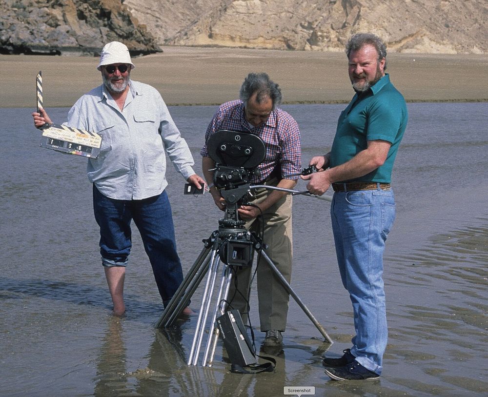 Derek Williams (Director), Gus Coma (Camerman) and Alan Chadwick (Asst Cameraman) on film location, Oman, 1992