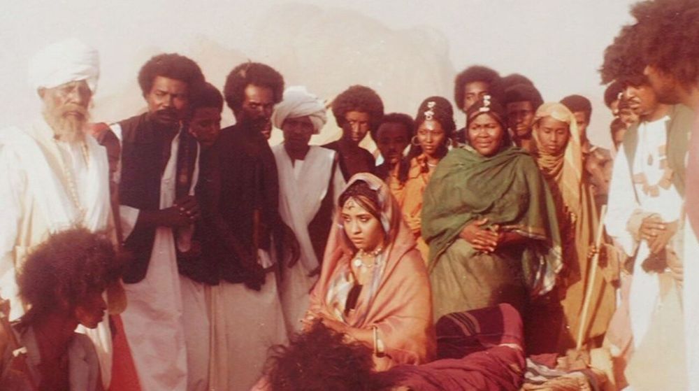 Still picture of film crew for 1977 film Tajouje by Sudanese filmmaker Gadalla Gubara