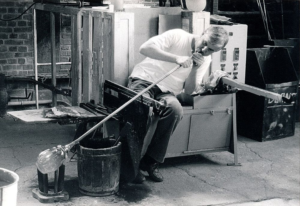 The glass master Werner Garcia performing the technique of the glass blowing in the Musée-atelier du verre of Trélon (Nord), France.