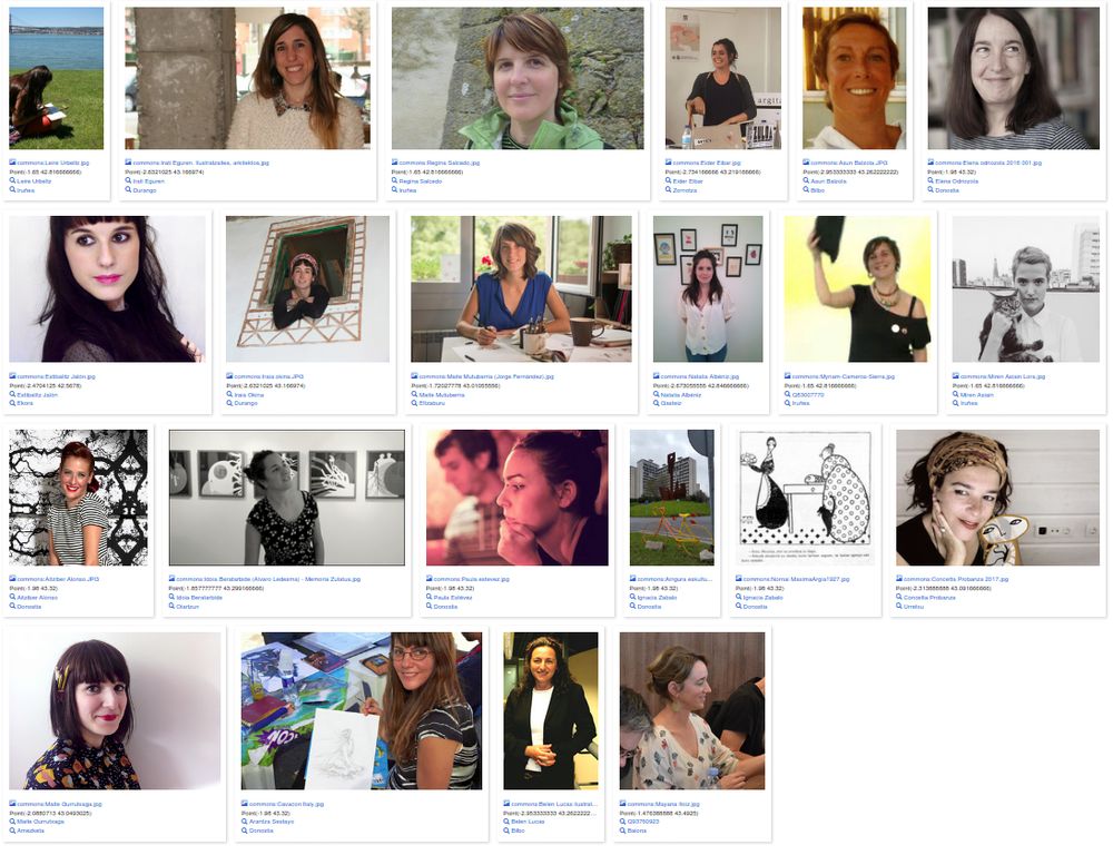 Basque women ilustrators with an image in Wikidata (2020). Wikidata query: https://query.wikidata.org/embed.html#%23Wikidatan_dauden_emakume_ilustratzaileen_zerrenda%0A%23defaultView%3AImageGrid%0ASELECT%20DISTINCT%20%3Fitem%20%3FitemLabel%20%3Fimage%20%3Fjaio_herria%20%3Fjaio_herriaLabel%20%3Fcoor%