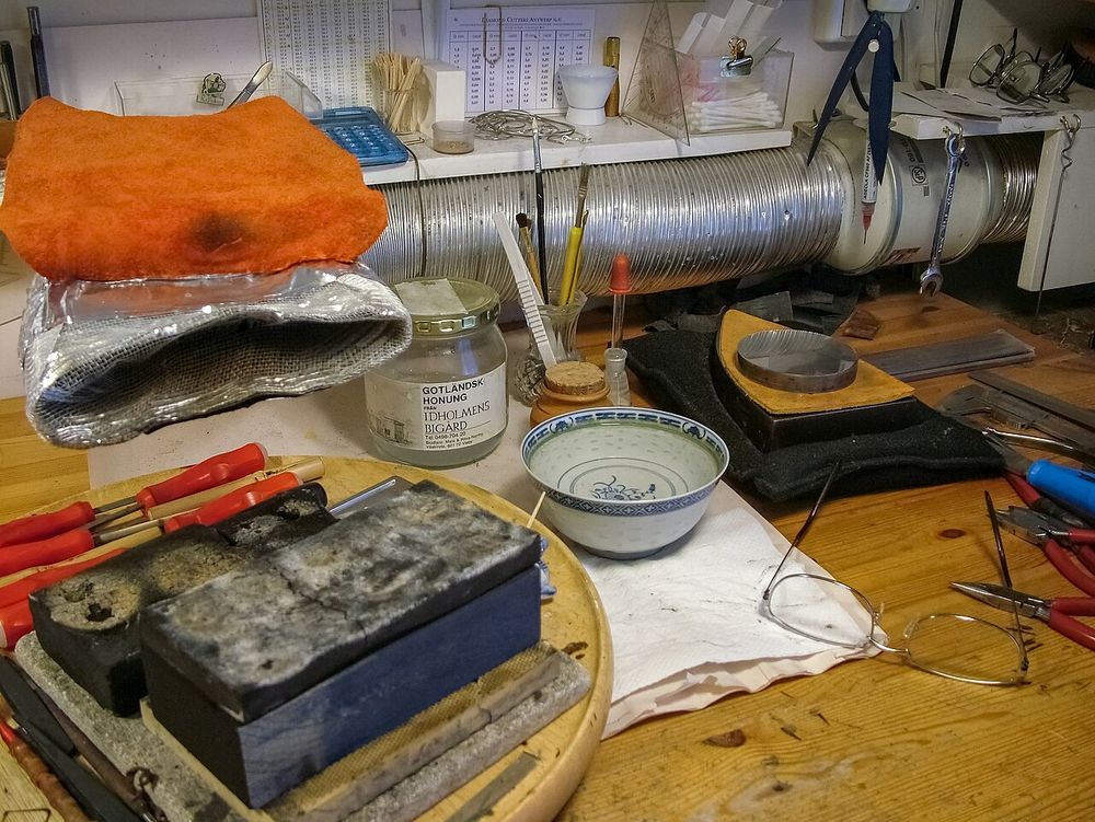 Tools in Sophies Silver jewellery workshop in Visby, Gotland, Sweden. Hard soldering station with a fume exhaust fan.