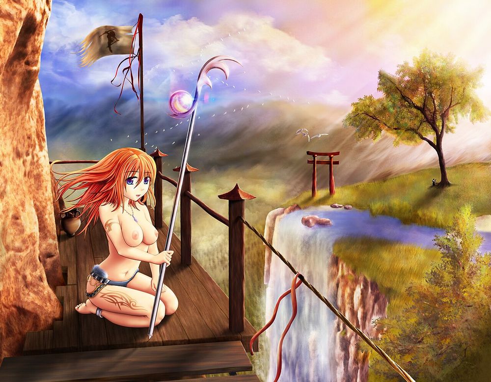 Drawing of a fictional landscape with a figure in manga/anime style. The title of this image is: On the Edge . Programs used: GIMP , Inkscape , Blender .