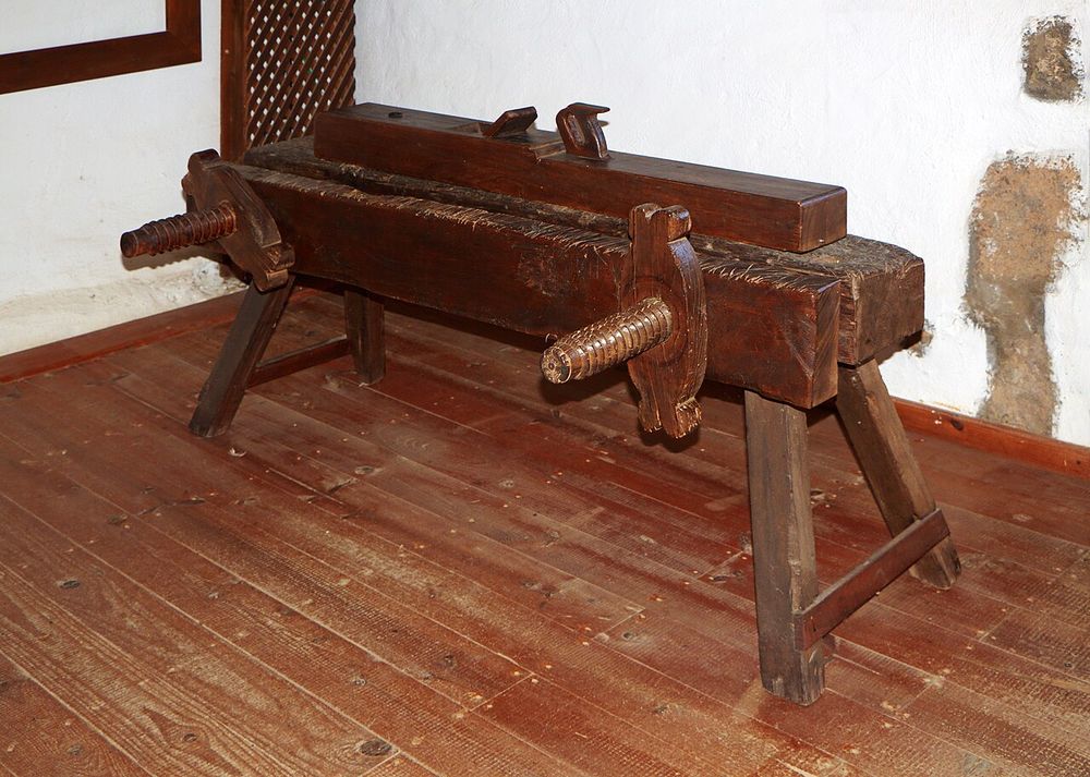 Carpenter's bench; Museo Agrícola el Patio, Tiagua, Municipio de Teguise , Lanzarote , Canary Islands , Spain . The farm "El Patio" is one of the largest and oldest farms of Lanzarote. It was built at the beginning of the 19th century and inhabited until 1949. Now a museum, the furnishing of the roo