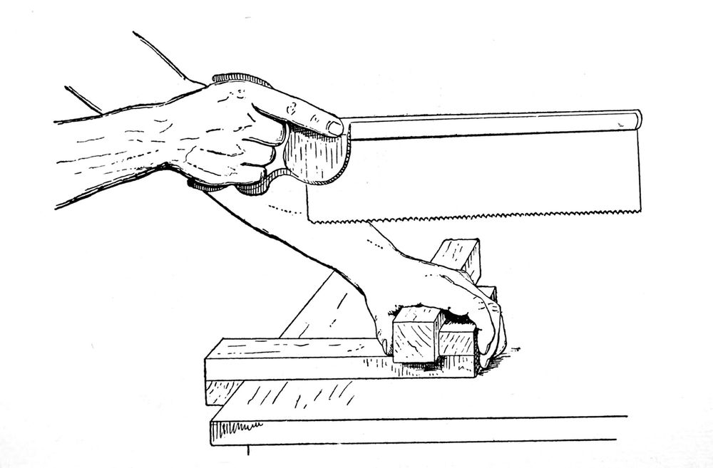 Illustration showing a woodworker holding their workpiece on a bench hook, ready for sawing with a backsaw.
